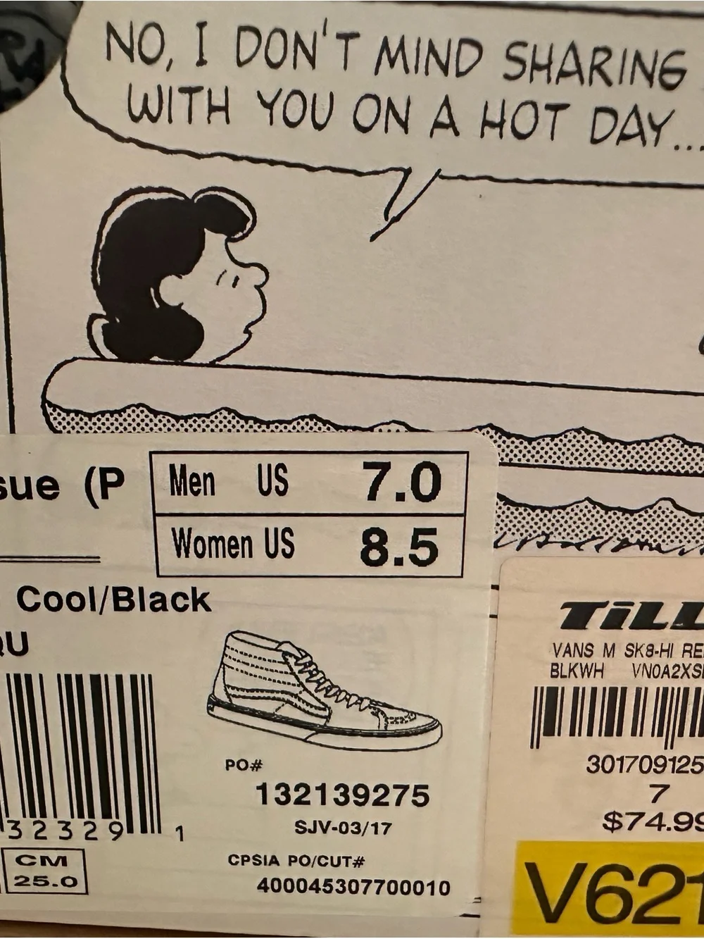 Vans Sk8-Hi Reissue Peanuts Joe Cool Black and White M7 W8.5 NEW